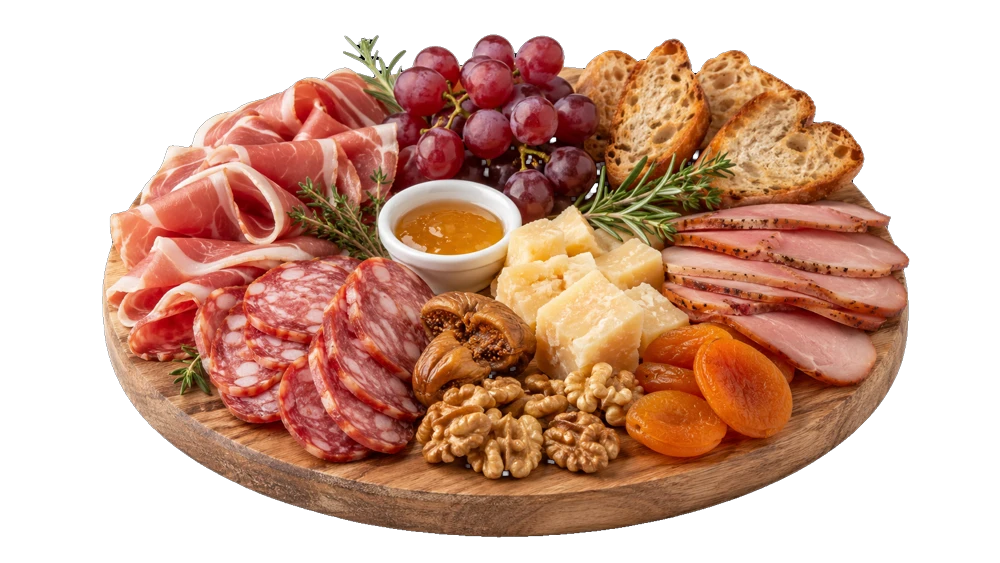 A charcuterie board with cured meats, cheese, and fruit